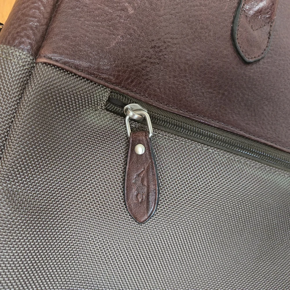 Polo Ralph Lauren Leather Canvas Heritage Logo Messenger Laptop Bag Brown Khaki
